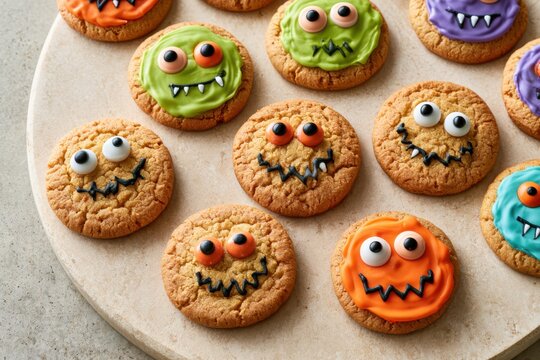Round golden cookies are decorated with colorful candy eyes and black icing smiles, arranged across a pale surface to create a playful collection of cute Halloween monster faces in different colors