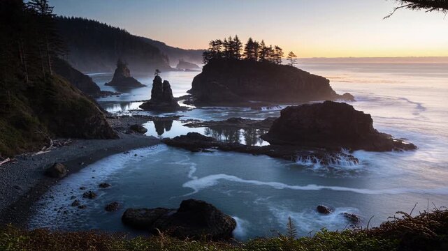 Driving incoming tide pushing waves around treed sea stack at pebble beach, revealing sunrise glow