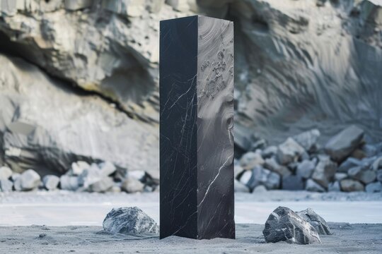 Polished black rectangular parallelepiped standing on a gray sand beach with rocks and a cliff in the background, evoking mystery and surrealism