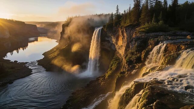 Drone approaching tiered waterfall and cascades in canyon at golden hour, revealing mist