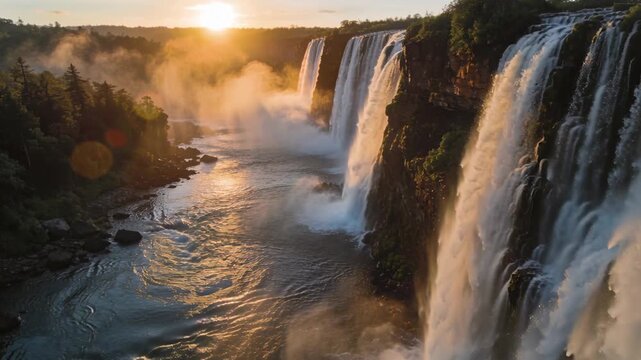 Drone approaching tiered waterfall at river gorge, moving closer to capture sunlit mist and curtain