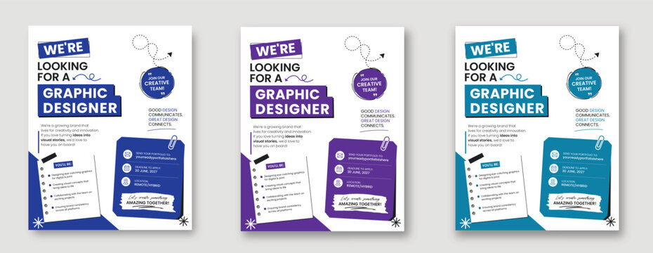 Graphic designer recruitment poster with bold typography, creative team hiring message, portfolio application, remote hybrid job details, colorful modern layout, concept of career and employment