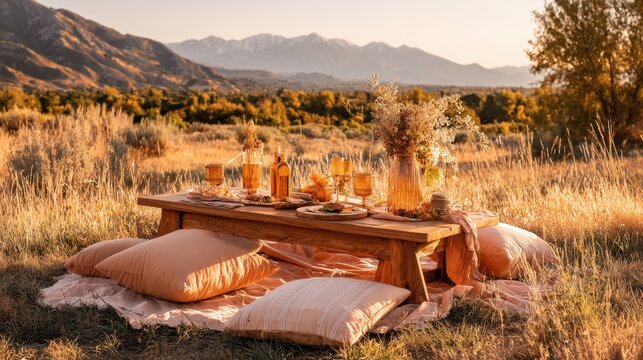 Charming outdoor picnic setup at sunset with mountains in the background. Enjoy a beautifully arranged picnic table featuring soft pillows, drinks, and a stunning landscape