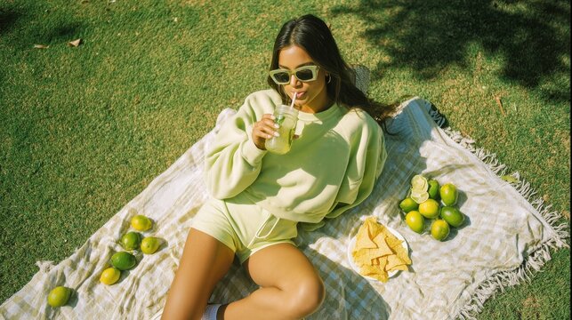 Young woman enjoying a refreshing drink and snacks during a sunny picnic on the grass. A stylish young woman relaxes on blanket in a park, sipping beverage and surrounded by limes and tortilla chips