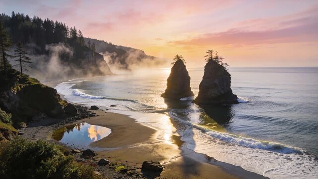 Catching rising sunlight, tall sea stacks casting golden reflections across wet sand and tidal pool