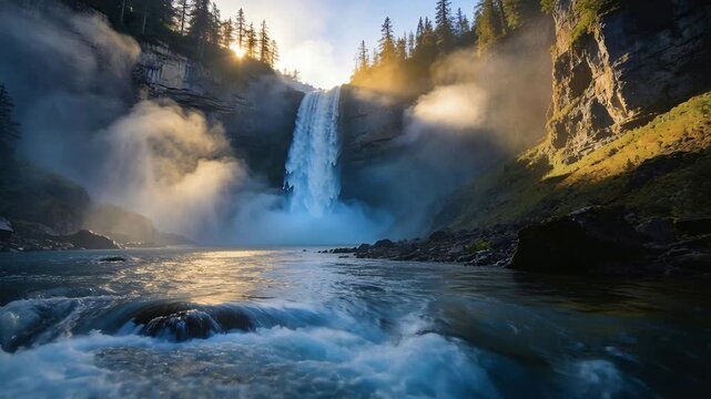Cascading waterfall pouring into fast river in mountain canyon, gravity pulling, sun lighting mist