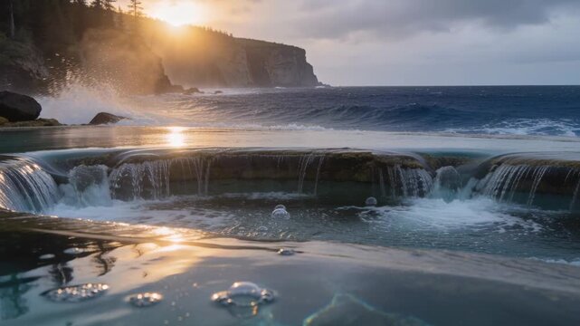 Overflowing tidal pool spilling water over circular rim as swell advancing at coast, sun glinting