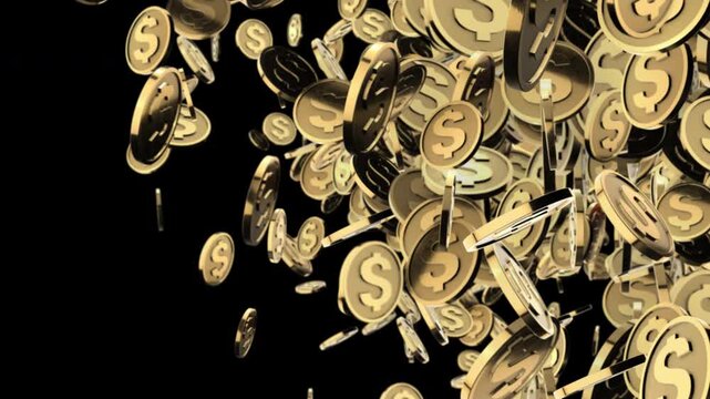 A transparent transition wipe showing many U.S. dollar coins flying across the screen