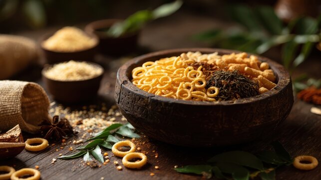 Delectable assortment of traditional Indian snacks in a rustic bowl. This image showcases a delicious mix of traditional Indian snacks served in a handcrafted bowl, perfect for sharing