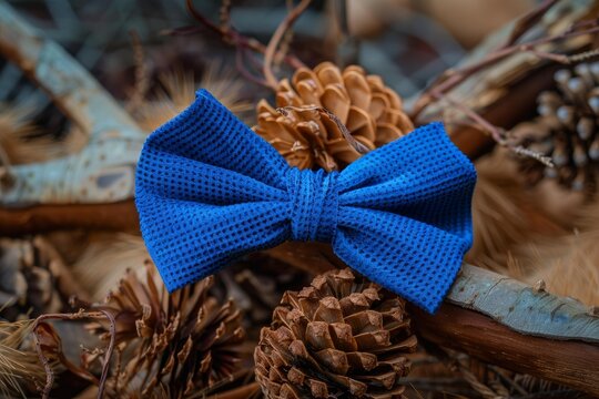 Vibrant blue bow tie rests on a bed of pinecones and branches, creating a stylish contrast between fashion and nature
