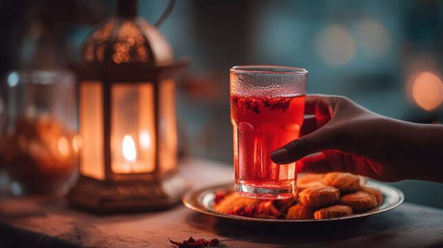 Hand holding a refreshing red beverage with cookies and a lantern. A warm, inviting scene featuring a hand reaching for a glass of ruby-red drink beside a decorative lantern and sweet pastries