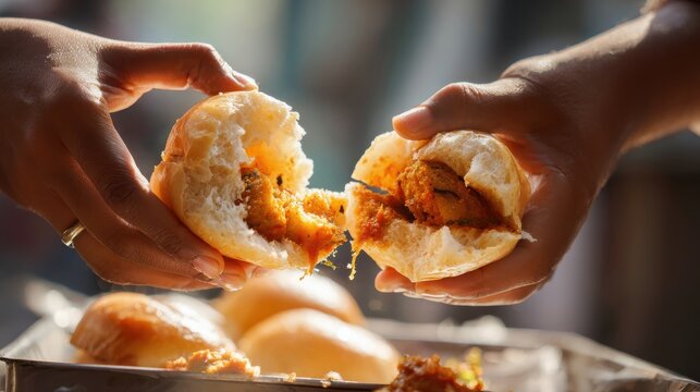 Hands tearing apart a delicious vada pav sandwich, a popular Indian street food snack. Two hands pulling apart soft bun filled with spicy potato fritter chutney, showcasing texture vibrant colors