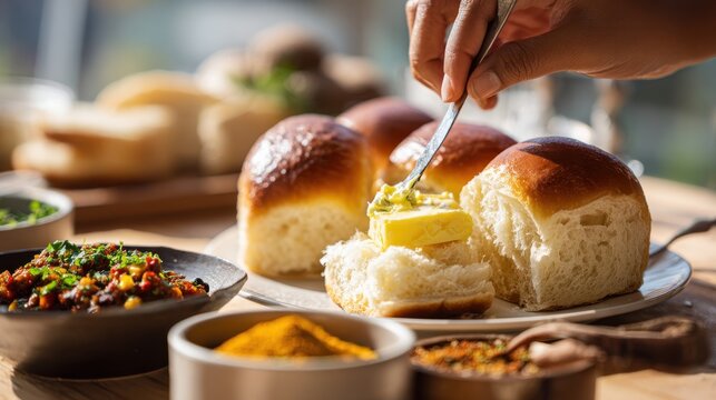 Spreading butter on a freshly baked dinner roll with a side of savory relish. Hand using knife to spread butter onto soft, golden-brown dinner roll, with various relishes and spices in the foreground