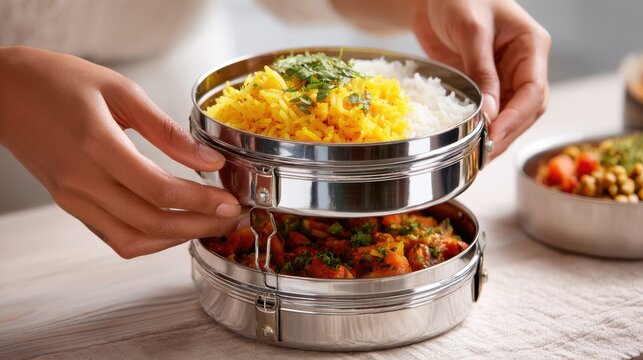 Hands stacking a stainless steel tiffin carrier filled with Indian food and rice. A person is assembling a multi-tiered tiffin lunchbox containing fragrant rice and a savory curry dish