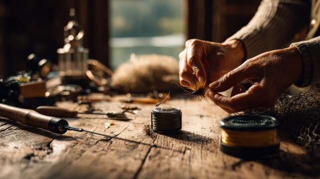 Hands meticulously crafting a fly fishing lure on a rustic wooden table. Close-up view of skilled hands assembling a fly fishing lure with various tools and materials laid out on aged wooden surface
