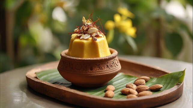 Delicious yellow dessert served in clay pot with almonds saffron garnish. Yellow dessert, possibly mango-flavored is presented in rustic clay pot adorned intricate patterns topped nuts saffron threads