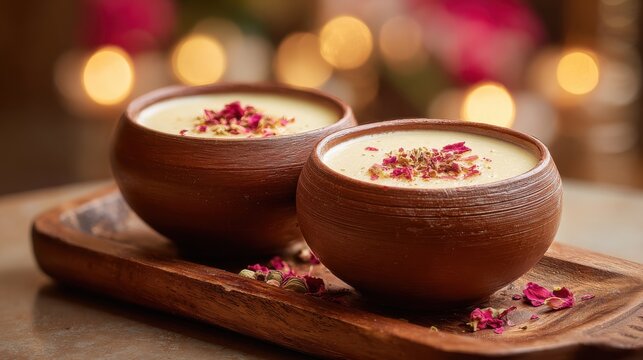 Two bowls of creamy dessert topped with rose petals and pistachios. Two traditional clay bowls filled with smooth, pale dessert, garnished with dried rose petals and chopped nuts, set on wooden tray