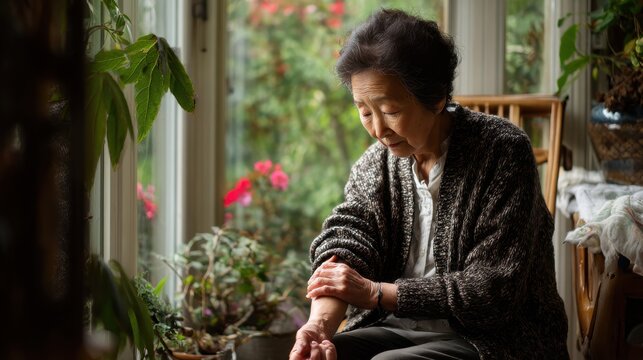 Elderly Asian woman sitting by the window, looking down with a pensive expression. An elderly Asian woman is seated indoors near a window, her gaze directed downwards as she holds her arm