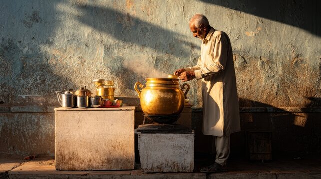 Elderly man preparing hot beverage in a traditional brass pot at sunrise. Old man in traditional attire is seen preparing steaming drink from large, ornate brass pot, illuminated by warm morning sun