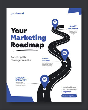 Modern Marketing Strategy Roadmap Infographic with Curved Road, Location Markers, Business Growth and Strategic Planning Vector Design