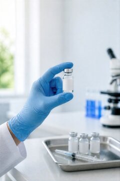 Gloved hand holding vaccine vial with syringe in laboratory medical tray
