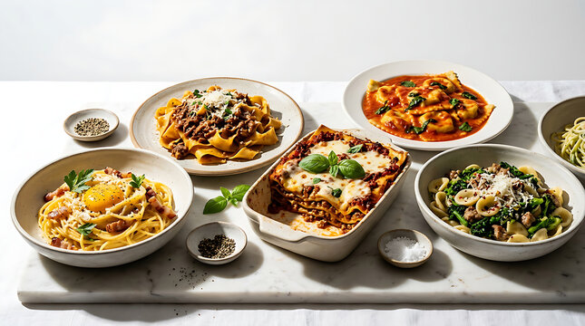Assortment of colorful stuffed pasta shells on white plates.