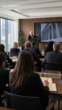 Business professionals attending corporate training presentation in modern conference room