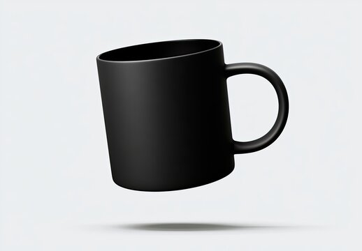 Sleek, matte black ceramic mug with a simple handle, floating in soft light