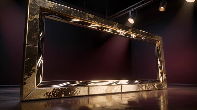 Camera moving right and down causing gold frame tilting clockwise on stage floor, emphasizing depth