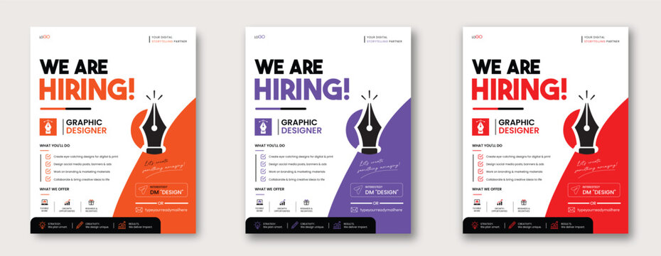 Creative Hiring Poster Template for Graphic Designer Recruitment with Modern Typography, Pen Nib Illustration, Job Vacancy and Career Opportunity Layout