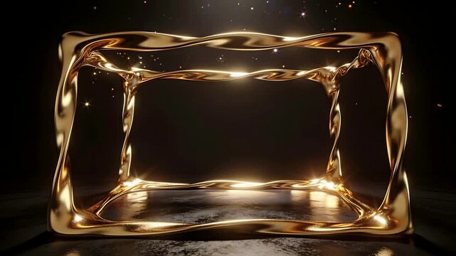 Starting golden liquid rectangle frame flowing in dark studio, sparks and floor glints
