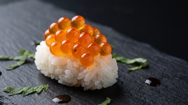 Gourmet Salmon Roe Ikura Sushi Nigiri on Elegant Black Slate