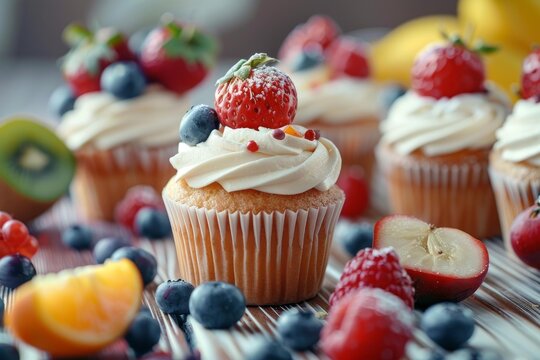 Cupcakes topped with whipped cream, strawberries, blueberries and red currants, lying on a wooden table with various fresh fruits