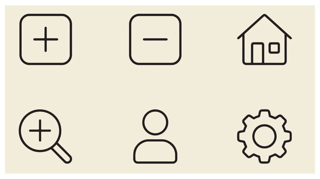 Minimalist outline user interface icons set featuring plus minus home magnifying glass profile and gear symbols UI icons line art vector icons web icons app icons graphic elements