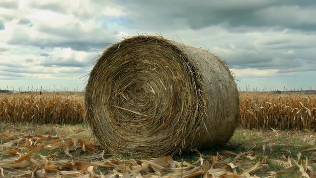 solitary high-resolution 4K shot features a single hay bale resting in an empty harvested cornfield beneath a moody cloudy sky evoking autumn harvest themes and rural serenity in a cinematic style