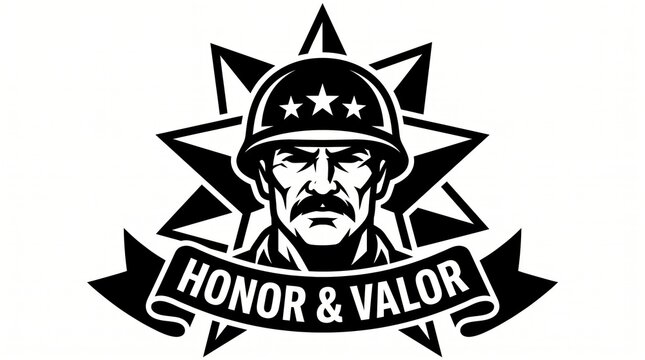 Black and white graphic emblem of a soldier wearing a helmet with star icons