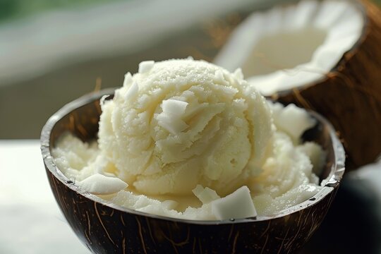Creamy coconut ice cream topped with coconut flakes sits in a coconut shell bowl