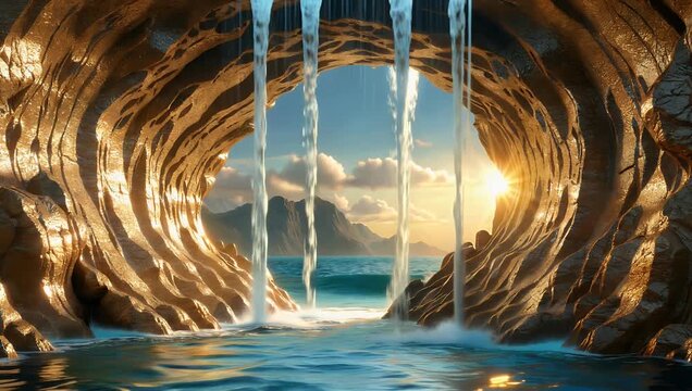 magical cartoon-style 4K animation depicts a cave entrance made of shimmering golden rock formations with flowing water guiding the viewer toward a hidden seascape beyond creating a cinematic and