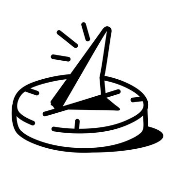 Hand-drawn doodle icon of an ancient sundial with triangular gnomon mounted on a circular base and simple radiating sunlight accent marks.