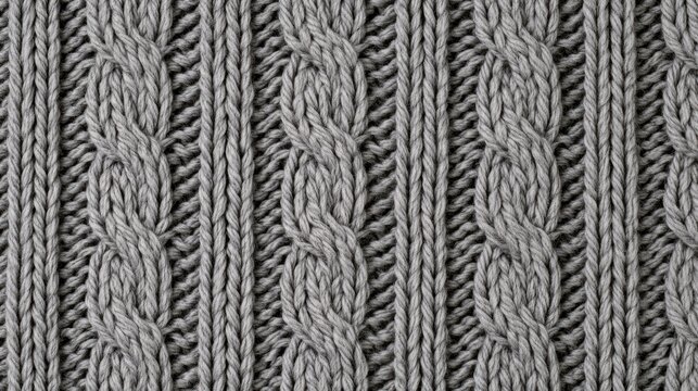 Detailed close-up of a grey knitted fabric with a prominent cable knit pattern
