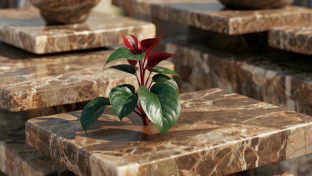 Photorealistic 4K 3D animation loop featuring a brown terrazzo texture display podium alongside a vibrant Aglaonema red plant with shifting shadows offering an elegant studio mockup background for