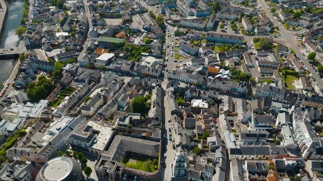 Aerial view over St Anne&rsquo;s Church and historic Shandon streets in Cork