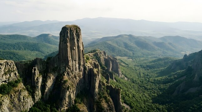 Breathtaking aerial view of the majestic meteora rock formations and surrounding green valley in central greece