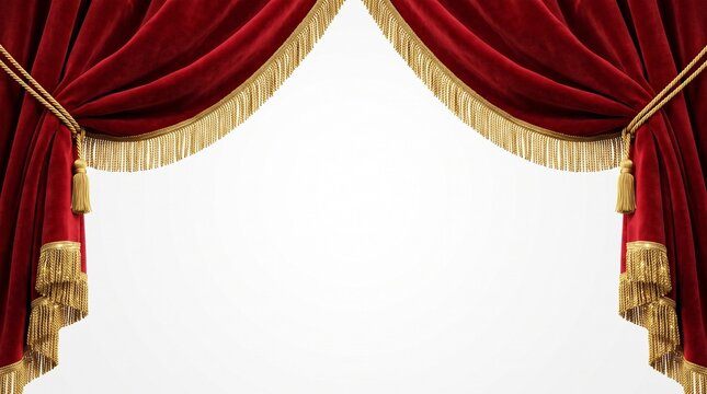 Red velvet theater curtains pulled back with golden fringe on a white background for a stage performance setup