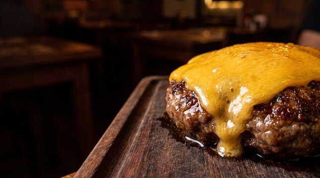 Juicy grilled beef burger patty covered with melted cheddar cheese
