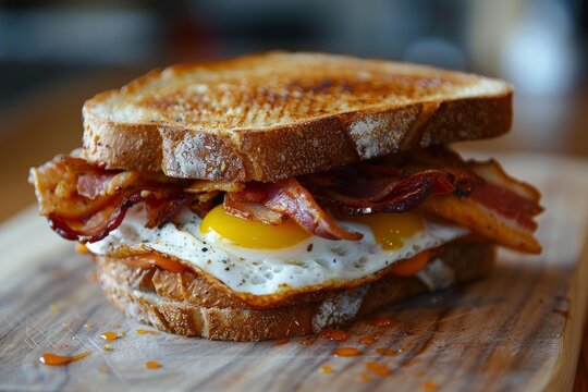 Toasted bread with fried eggs, bacon and hot sauce served on wooden board for a tasty breakfast