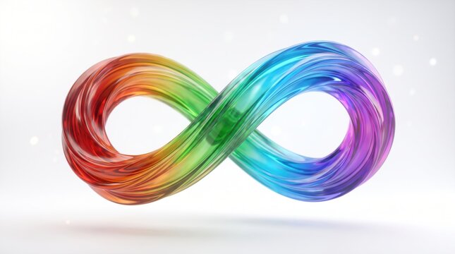 A glossy rainbow infinity symbol floating against a bright white background