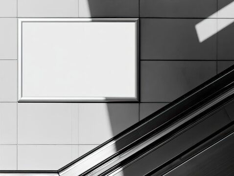 Blank horizontal frame on tiled wall near escalator