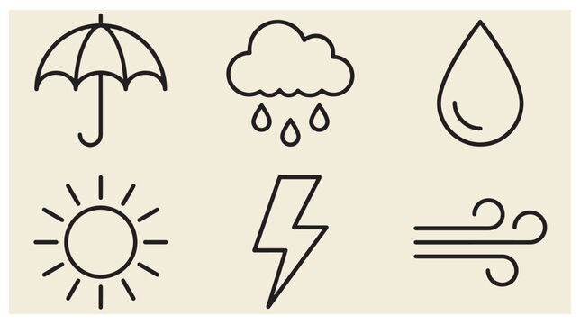 Weather and environment line icons including umbrella rain cloud water drop sun lightning and wind with line art icon set vector art weather condition forecast icon climate change