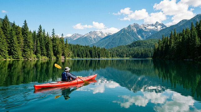 A kayaker paddles a red canoe across a calm mountain lake surrounded by pine forests and snowy peaks on a sunny day